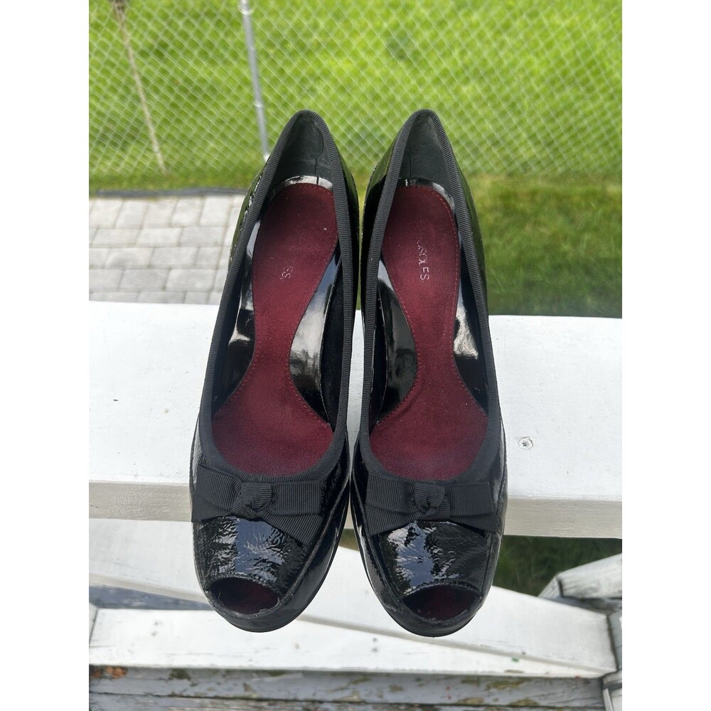 Aerosoles Women’s Black Patent Peep Toe Pumps Size 9.5 Bow High Heel